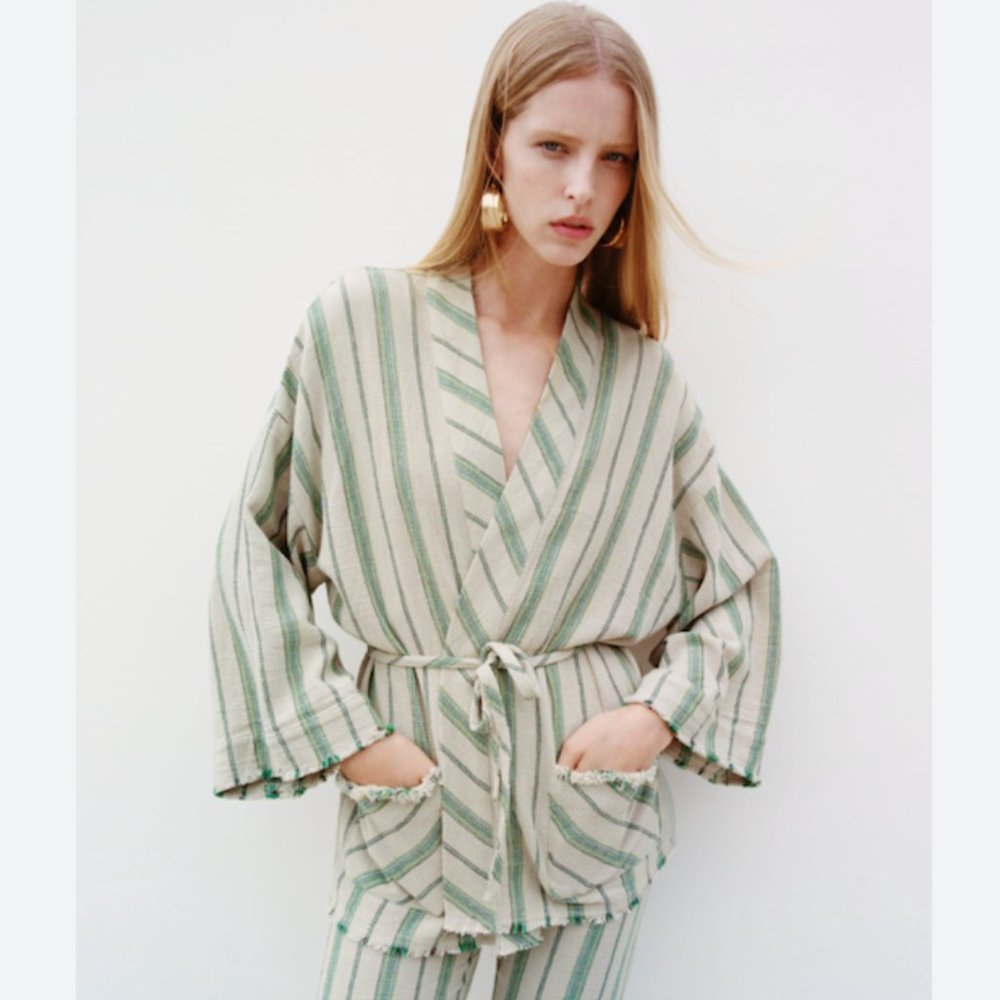 Zara Woman Cotton The Beth Rustic Kimono Jacket Striped Pockets Tie Belt Size S